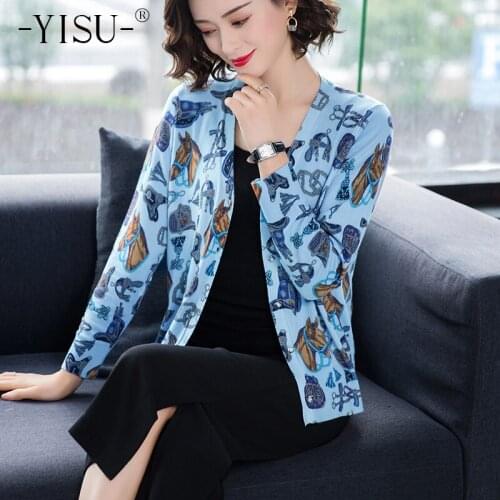 YISU Sweater Coat Women Casual Loose Long Sleeve Single Row Button Sweater Cardigan Knitwear V Neck Women Printed cardigan