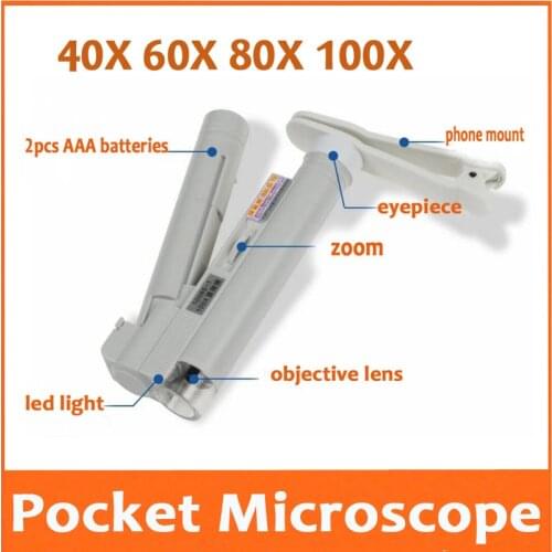 40X 60X 80X 100X LED Illuminated Adjustable Zoom Pocket Microscope Handheld Magnifier Foldable Reading Glass with Phone Mount