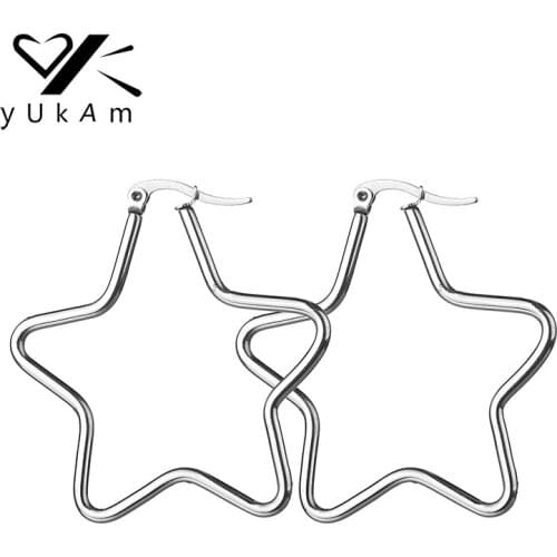 YUKAM Jewelry Simple Big Five Pointed Star Creole Earrings Long Stainless Steel Silver Color Large Star Hoop Earrings for Women