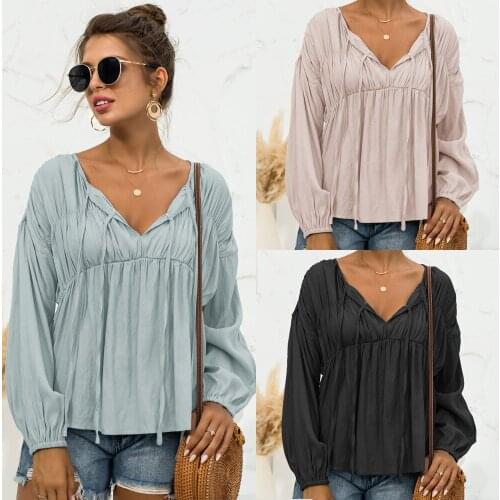 2021 Women Spring Blouse, Solid Color Tied V-Neck Long Puff Sleeves Ruffled Shirt for Ladies, 3 Colors