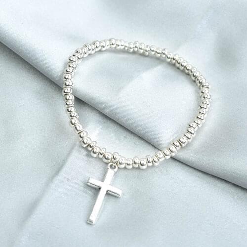Chadestinty Handmade Metal Cross Moon Stretch Bracelet 4MM Silver Color Bead Elastic Bracelets Bangles Women Metal Jewelry