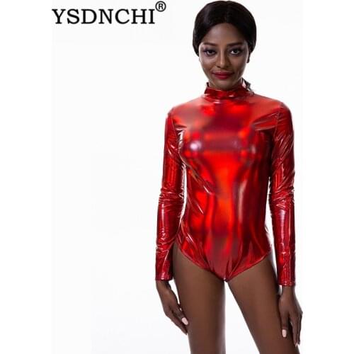 YSDNCHI Zipper Long Sleeve Bodysuit Women Rompers Bodycon Red Jumpsuit Elegant Turtleneck Skinny Bodysuit Solid Club Body Mujer