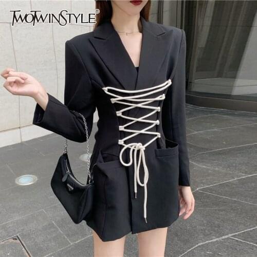 TWOTWINSTYLE Bandage Slim Casual Blazer For Women Notched Long Sleeve Lace Up Bowknot Blazers Female Fashion New Clothing 2021