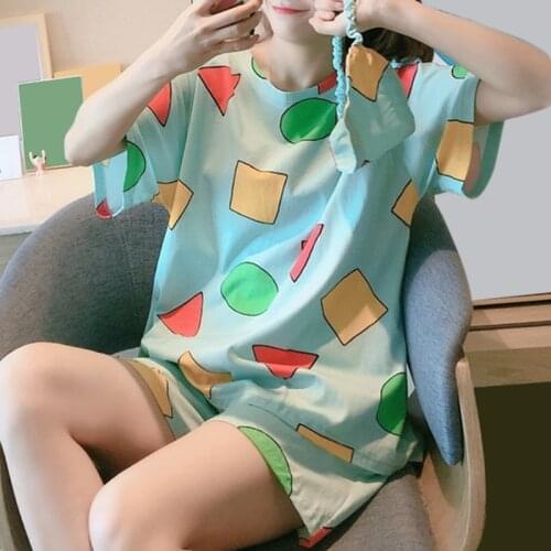 2021 New Summer 2 Piece Women Pajamas Set Short Sleeve Button Down Sleepwear Colorful Geometry Pattern Loose Home Loungewear