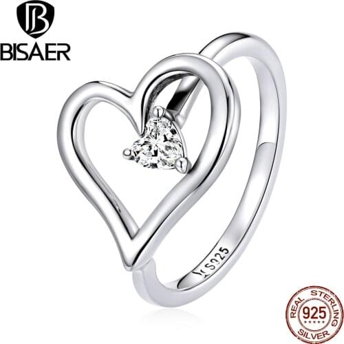 BISAER Real 925 Sterling Silver Shining Wish Heart Wedding Rings for Women Fine CZ Finger Ring Engagement Jewelry ECR700