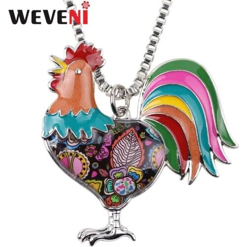 WEVENI Statement Enamel Alloy Chicken Rooster Necklace Pendants Chain Collar Novelty Farm Animal Jewelry For Women Girls Bijoux