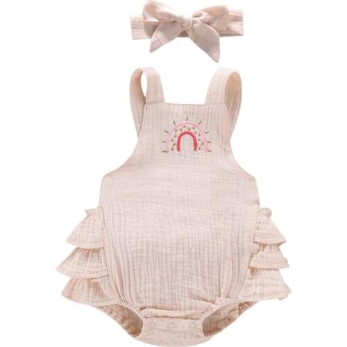 2021 0-24M Newborn baby Girls Rainbow Ruffles Romper Sleeveless Backless Bodysuit + Headband Clothing For Summer Outfits