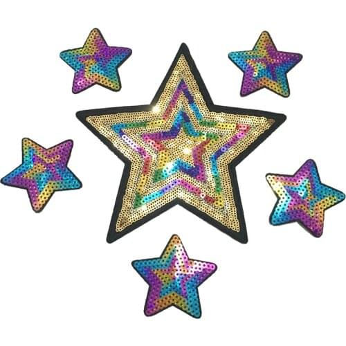 6 PCS(1 Large+5 Small ) Colorful Stars Sequined Iron on Patches for Clothes DIY Decoration Accessories Star Sequins Appliques