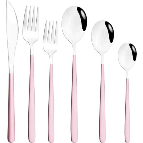 6Pcs Pink Silver Cutlery Set Knife Fork Coffee Spoon Tableware Stainless Steel Dinnerware Flatware Set Party Kitchen Silverware