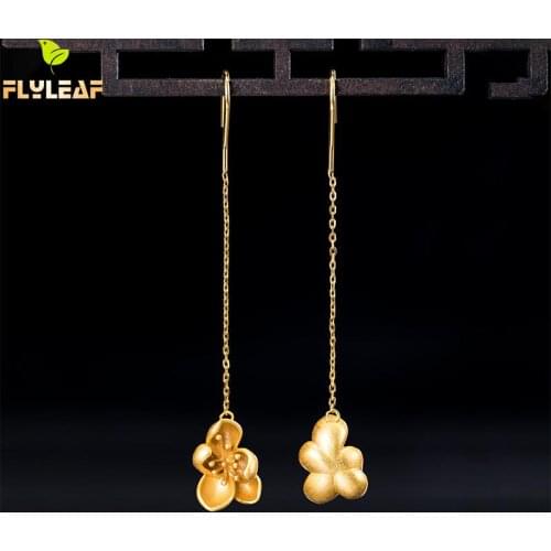 925 Sterling Silver 18k Gold Lotus Flower Long Drop Earrings For Women Palace Ear Line Vintage Jewelry Spring New Arrival