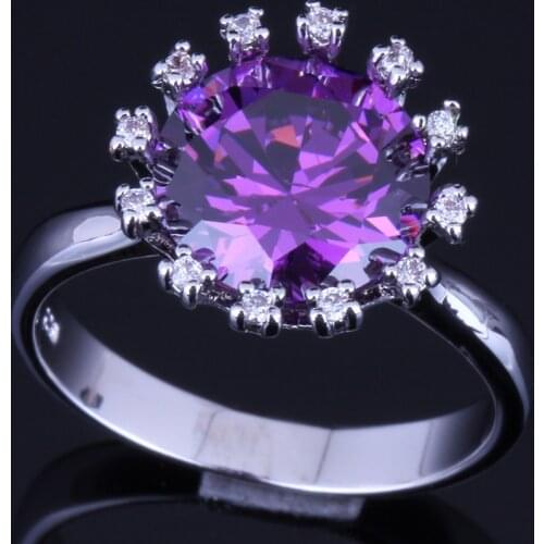 Wonderful Crown Purple Cubic Zirconia White CZ Silver Plated Ring V0114