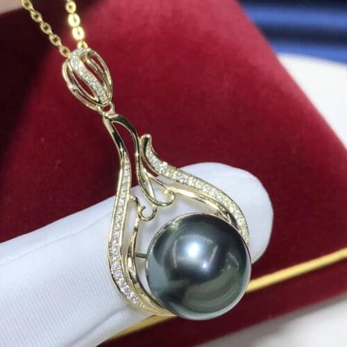 D409 Pearl Pendant 925 Stelring Silver Natural 12-13mm Ocean Sea Water Tahiti Round Pearl Pendants Necklaces for Women