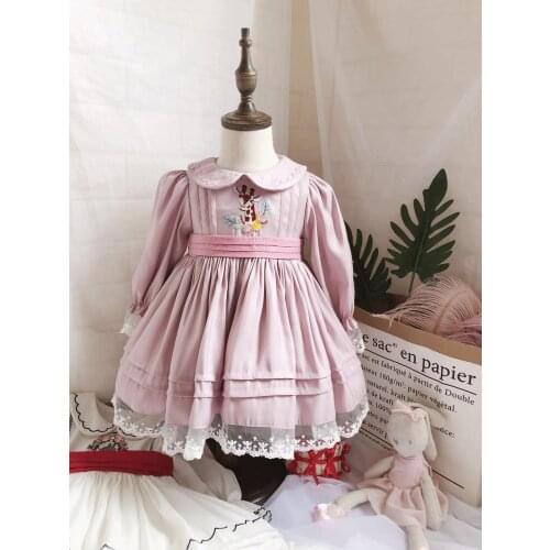 Baby Girl Autumn Spring Summer Deer Pink Long Sleeve Vintage Spanish Turkish Lolita Princess Gown Dress for Casual Birthday