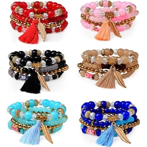 4pcs/set Vintage Jewelry Bohemia Colorful Tassel Bracelet & Bangle Long Ethnic Charm Bracelets for Women