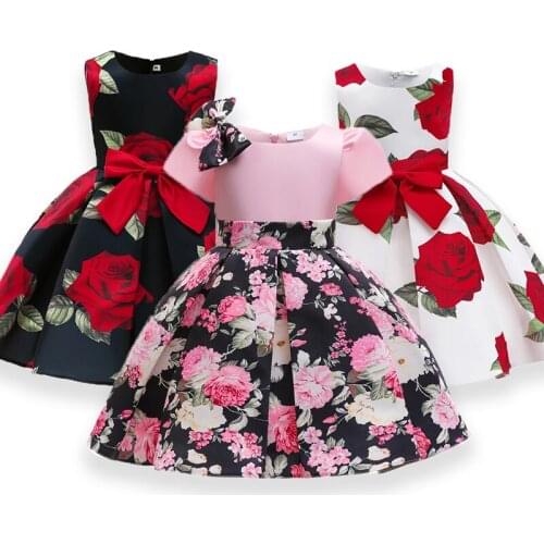 Elegant Party Dresses 2021 New Fashion Girl Short Sleeve Rose Printed Bowknot Princess Dresses For Girls Banquet Evening Dresses
