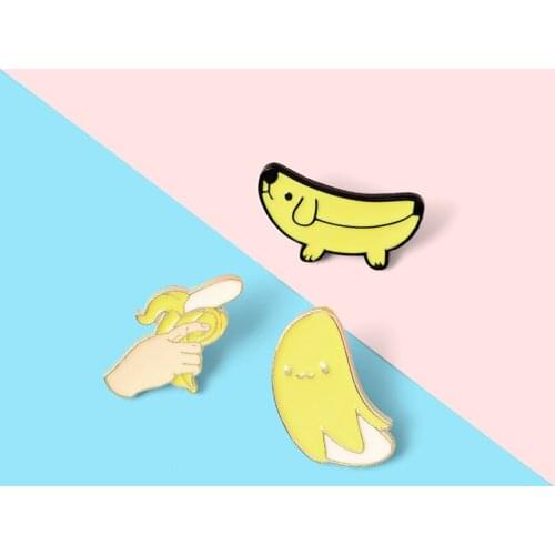Hey Banana Enamel Pins Custom Puppy Egg Gun Brooches Lapel Pin Shirt Bag Cute Animal Fruit Badge Fun Jewelry Gift Kids Friends