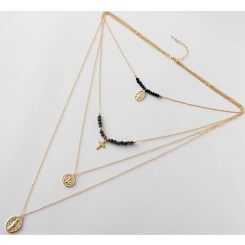 Fever&Free New Boho Multi layer Gold Long Chain Necklace Jesus Virgin Mary Cross Pendant Necklace For Women Jewelry Party Gift