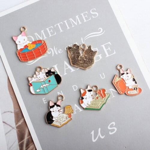 Kawaii Colorful Enamel Alloy Charms 50pcs/lot Gold Tone Plated OilDrop Cute Reading Animal Cat Earring Necklace Pendant Ornament