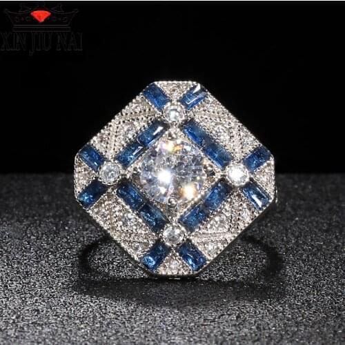 Luxury Geometry Big Rings For Men Women 925 Silver Blue White Zircon Engagement Ring Male Birthstone sapphire ring