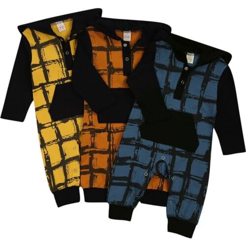 0-24M Newborn Infant Baby Boys Rompers Plaid Print Long Sleeve Pocket Hooded Cotton Jumpsuits 3 Colors