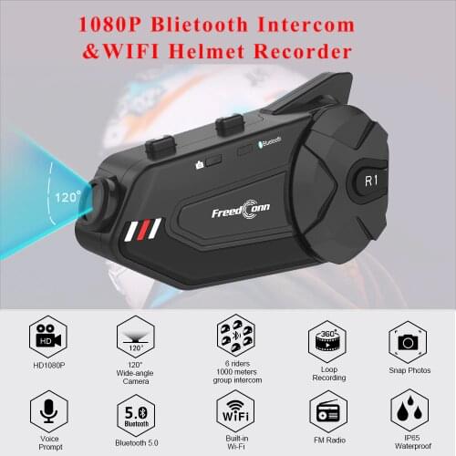 Freedconn R1 Plus Motorcycle Group Intercom Waterproof HD Lens 1080P Video 6 Riders Bluetooth Wifi Helmet Interphone Recorder