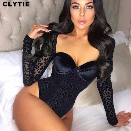 Clytie Sexy See Through Elegant Bodysuits Women 2021 Spring Long Sleeve Clothing Female Ladies Mesh Black Leopard Bodysuits
