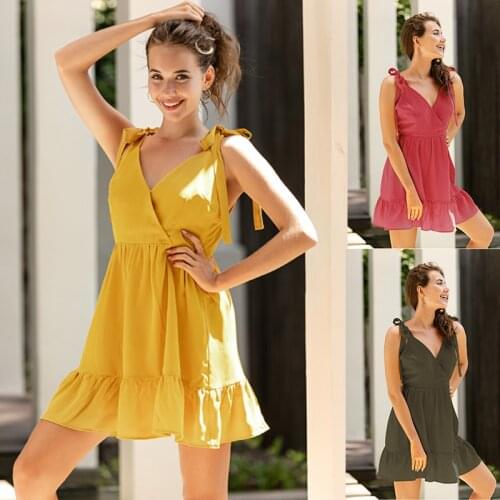 2021 Young Womens Solid Color Dress Italian Thin Shoulder Belt Sweet V-neck Bandage Open Back Ruffle Summer Mini Sun Skirt