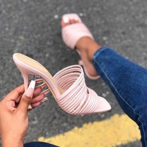 Womens Summer Sandal Square Toe Shoe Ladies Heel Mules Sexy Thin High Heels Sandals Leather Slippers Female Fashion Woman Shoes