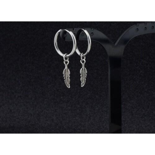 Hip Hop Kpop Boy Leaf Titanium Feather Pendant Hoop Drop Earrings Korean Jewelry R58E
