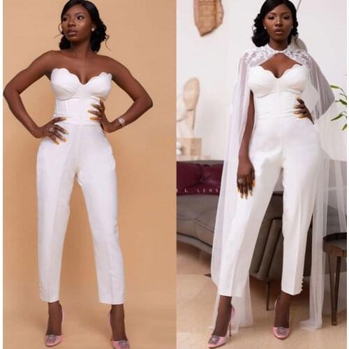 Modest African Wedding Dresses 2021 Bridal Jumpsuits with Cape Sweetheart Bride Reception Women Pant Suits Vestido De Noiva New
