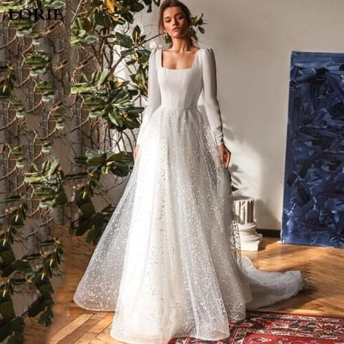 LORIE Ivory Boho Wedding Dress A Line Lace Bride Dresses Long Sleeve Square Neck Wedding Party Gowns