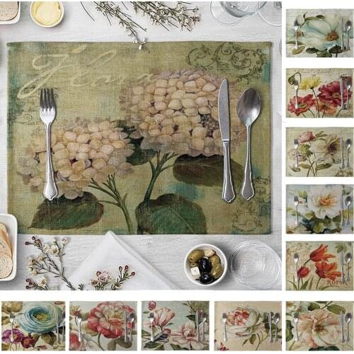 Vintage Flower Printed Placemat Linen Tablewear Pad Home Dinning Table Decor