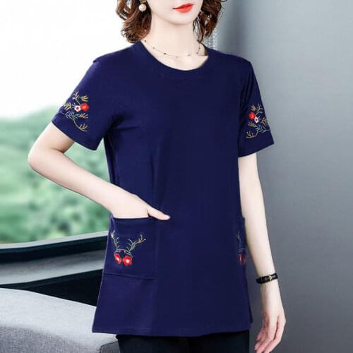 2021 New Summer Womens Embroidered T Shirt Half Sleeve Plus Size Tops Female Floral Print Black/blue/red Women T-shirts Y82