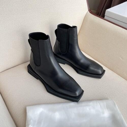 2021 Hot Sale Women Ankle Boots New Black Platform Square Toe Genuine Leather All-match Female Shoes Lace-Up Zapatillas Mujer