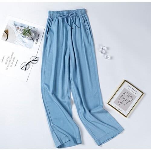 Casual High Waist Tencel Womens Flowy Wide Leg Jeans Pants Summer Harajuku Female Drape Thin Ice Silk Pantalones Long Trousers