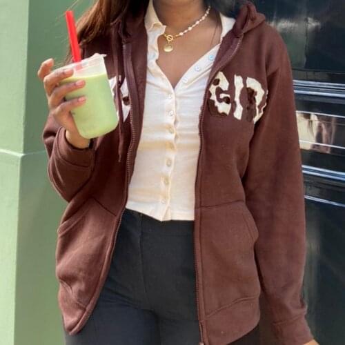 Women Casual Zip Up Hoodies Fashion Autumn Long Sleeve Letter Pattern Hooded Sweatshirt Pockets Streetwear