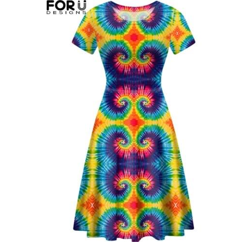 FORUSEDIGNS Artistic Tie-Dye Pattern Women Summer Short Sleeves Dress Round Neck Breathable Travel Ladies Skirt Vestidos Mujer