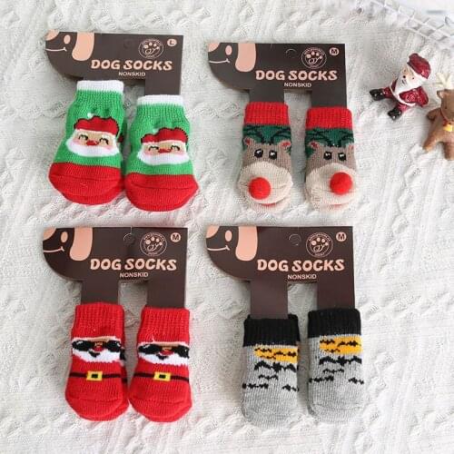 4Pcs Winter Anti-Slip Pet Dog Socks Christmas Small Cat Dogs Knit Warm Socks Chihuahua Thick Paw Protector Xms Dog Socks Booties