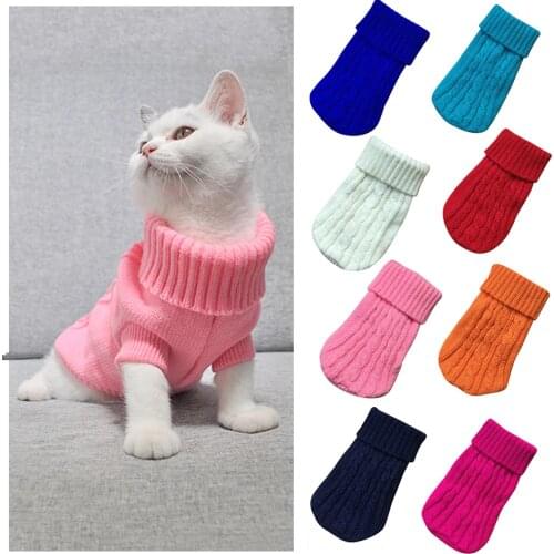 Winter Dog Cat Knitted Sweater Solid Color Turtleneck Jumper Classic Small Dog Pullover Clothes Warm Knitwear Costume for Kitten