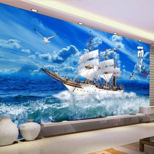 Custom 3D Wallpaper Blue Sky Sailing Ship Nature Landscape 3D Wall Mural Photo Wallpapers Living Room Study Murales De Pared 3 D