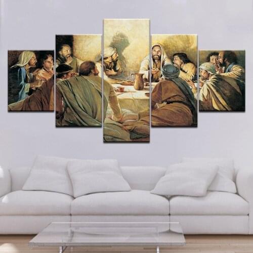 Abstract Modern Home Decoration Canvas Printed Painting 5 Panel Last Supper Framed Wall Art For Living Room Modular Picture