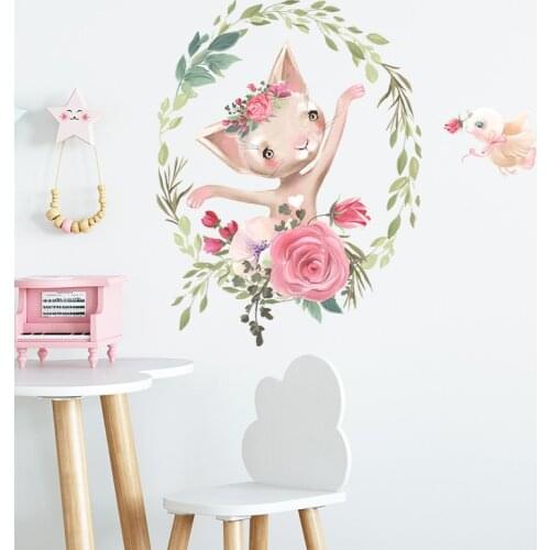 Watercolor Garland Cat Wall Sticker Kids Room Home Decoration Wallpaper Living Room Bedroom Removable Decals Girls Room Stickers