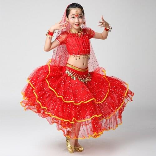 Kids Indian Belly Dance Short-sleeved Costumes Girls Professional Dance Performance Garment Childrens Practice Clothes H4528