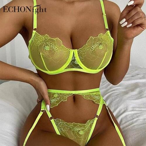 Echonight Neon Sensual Lingerie Floral Embroidery Push up Transparent Bra G-Strings Thongs with Graters Underwear 3 Piece Sets