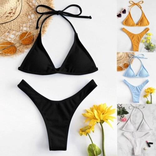 Women Sexy Solid Push Up Bikini Set High Cut Lace Up Halter Bikini Set Two Piece Swimsuit Swimwear Women Trajes De Bano badpak