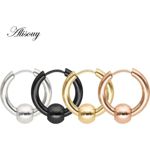 Alisouy Hot Men Women Round Circle Pendientes Black Gold Silver Color Stainless Steel Balls Loop Handles Hoop Huggie Earrings