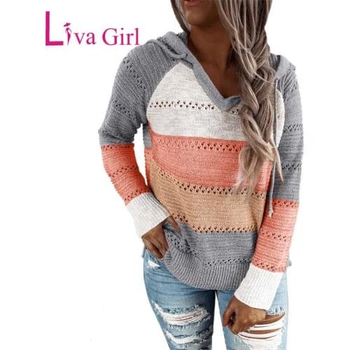 LIVA GIRL Womens Color Block Striped Sweater Long Sleeve Knitted Sweater Hoodie Casual Loose Plus Size Pullover Sweaters Top 3X
