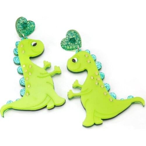 Trendy Glittery Heart Green Dinosaur Acrylic Drop Earrings For Women Fashion Cute Animal Earrings Female Casual Jewelry E19138
