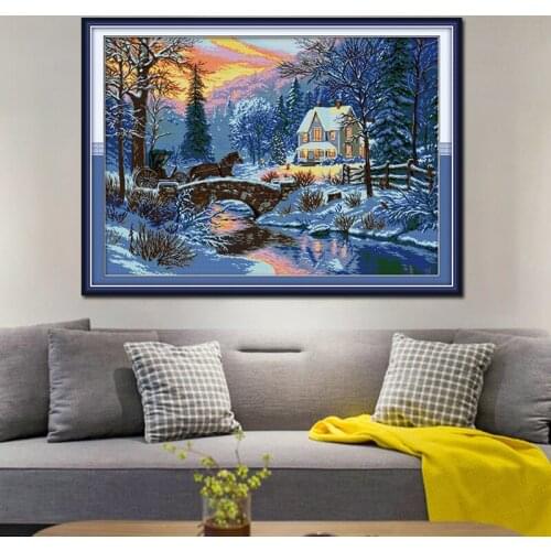 Winter Returns Cross Stitch Embroidery Set 14CT 11CT Night Snow Landscape Canvas Print DIY Embroidery Kit Decorative Painting
