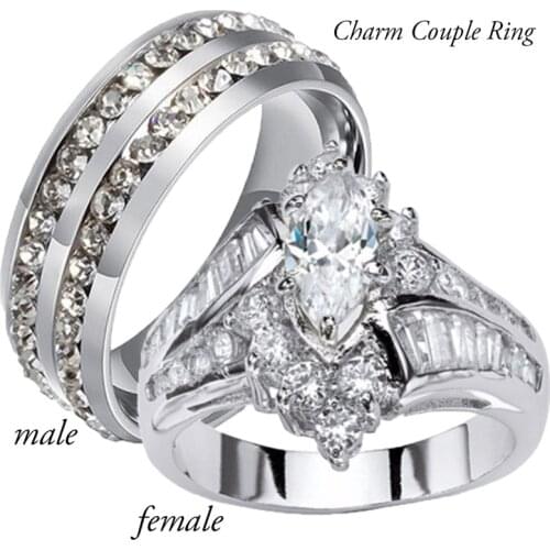 Carofeez Couple Rings Men Stainless Steel Double Row Zircon Ring Fashion Geometric Women Rings Wedding Ring Gift